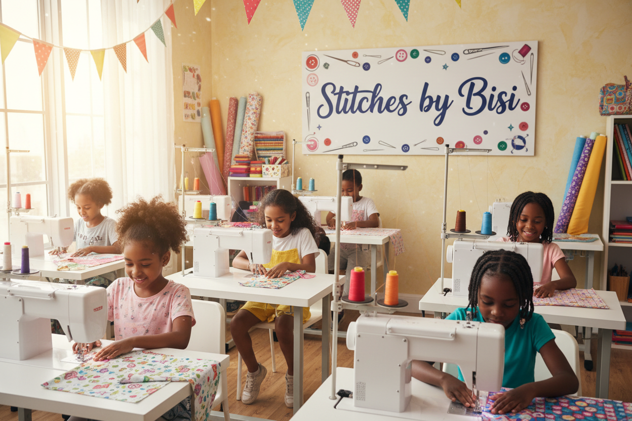 sewing machine with children sewing with poster in the background that reads"Stitches by Bisi"